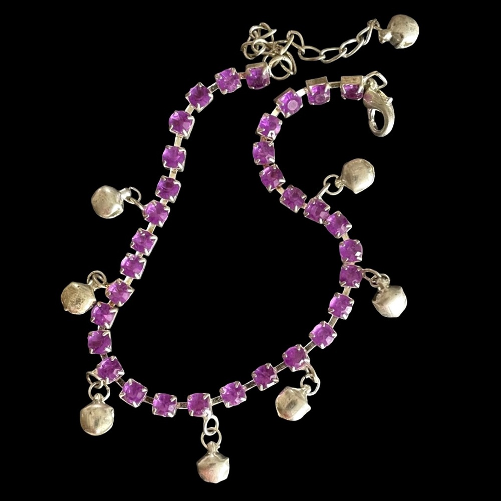 Vintage Purple Rhinestone And Silver Metal Anklet With Dangles